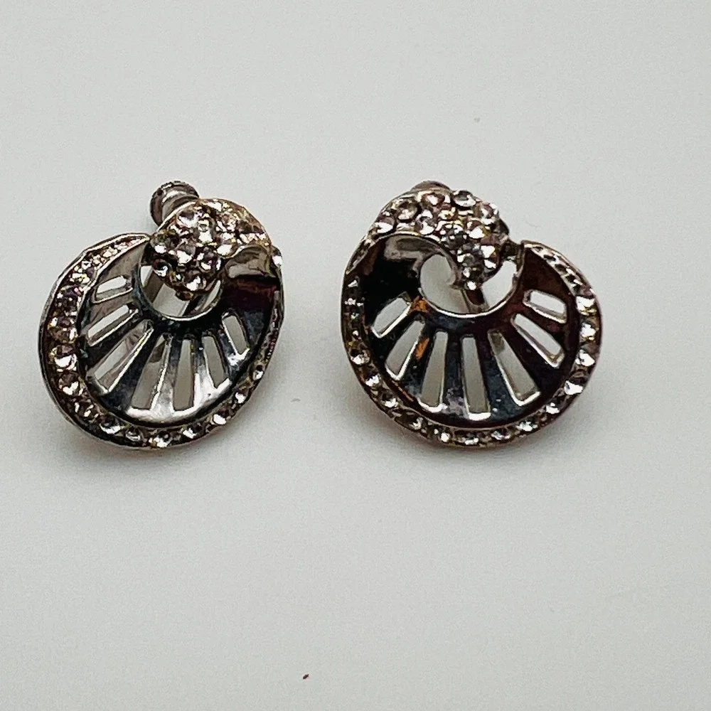 Vintage Fan Shell Rhinestone Earrings Silver Tone Openwork Art Deco Style